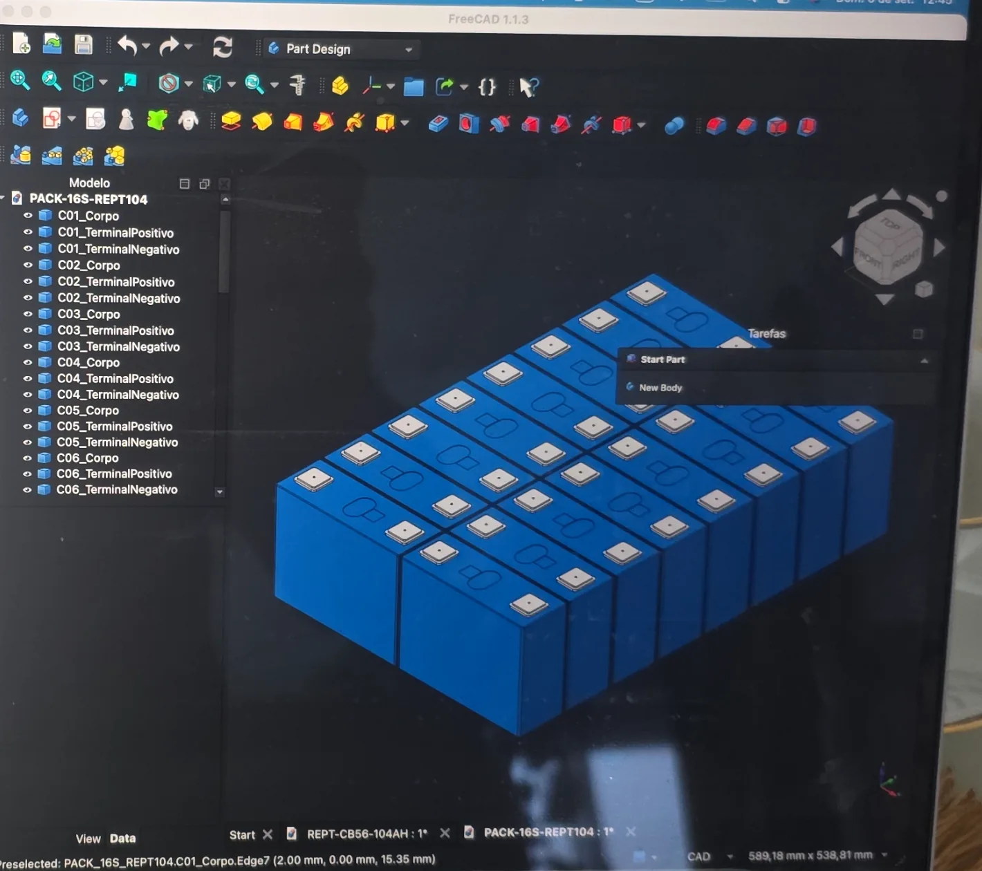 Projeto 3D do pack de células na engenharia
