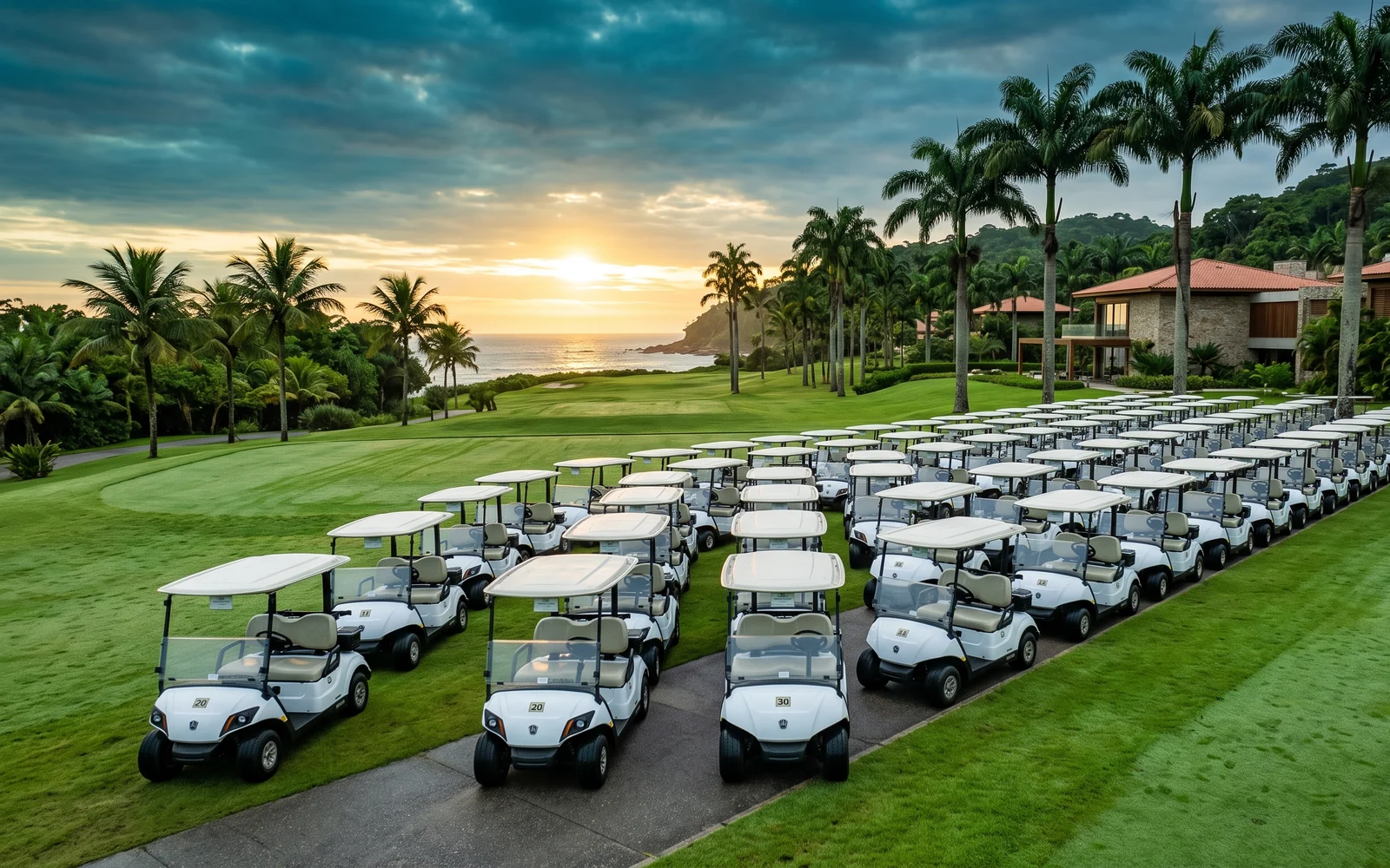Frota de carros de golfe alinhada em um clube ao entardecer