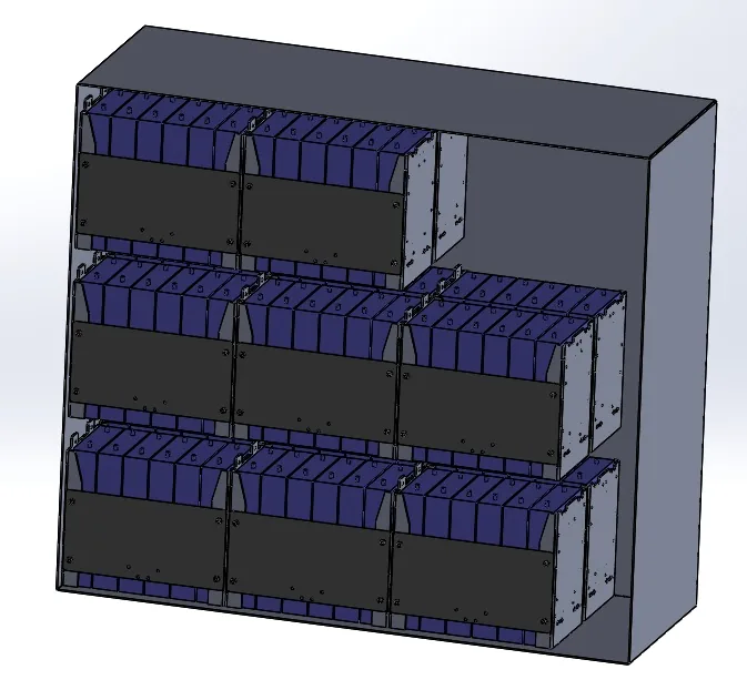 Projeto CAD de pack de bateria com múltiplos módulos