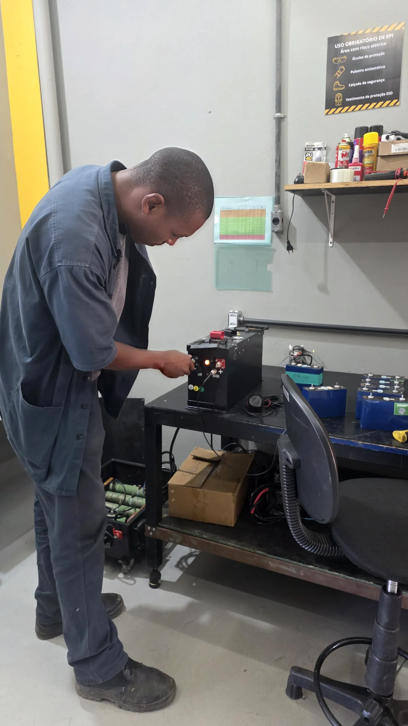 Técnico testando bateria de lítio na bancada do Energy Lab